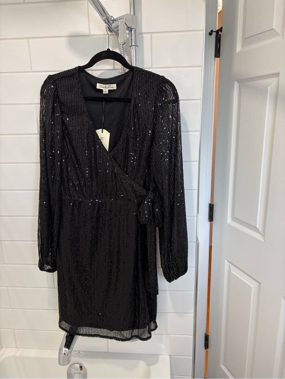 Vine & Love Black Sequin Wrap Mini Dress